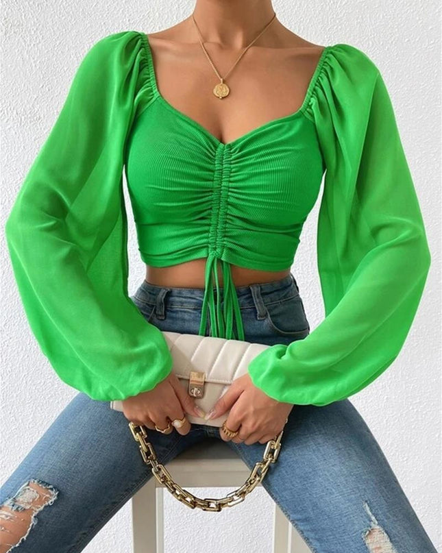 Drawstring Sweetheart Neck Cropped Top Mid Green