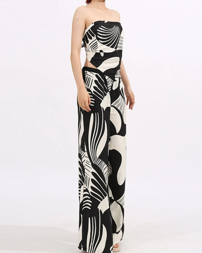 Abstract Print Tube Top and Wide Leg Pants Two-Piece Set