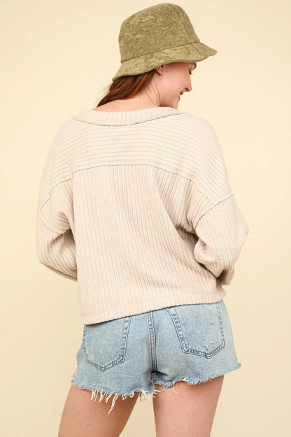 VERY J Exposed Seam V-Neck Ribbed Knit Top