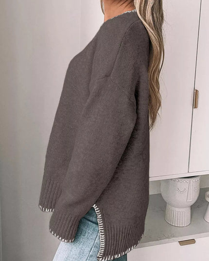 Slit Contrast Trim Round Neck Sweater