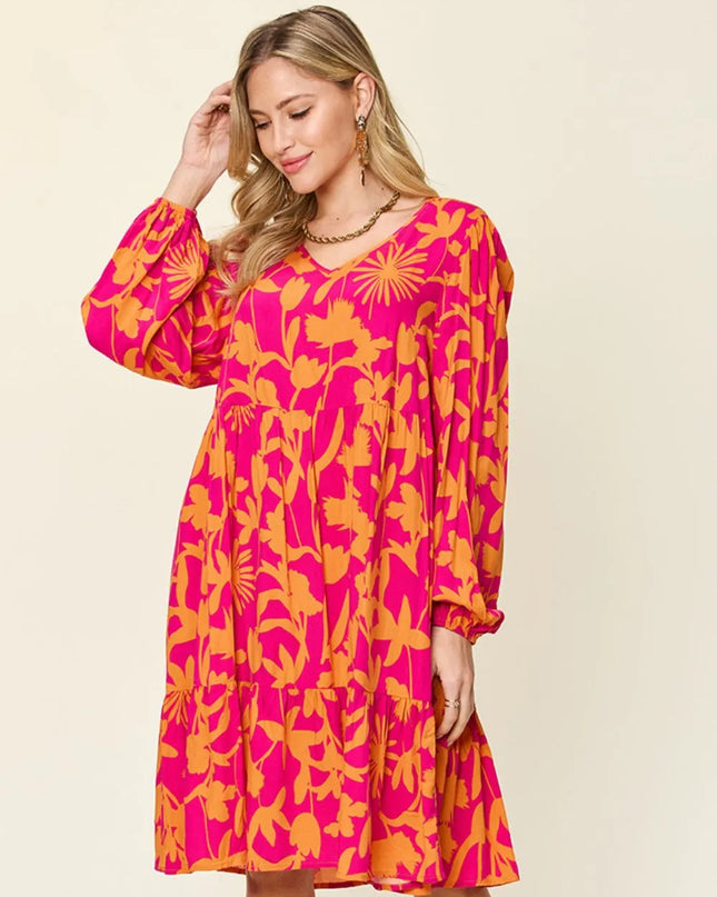 Double Take Full Size Printed Ruffle Hem Dress with Pocket