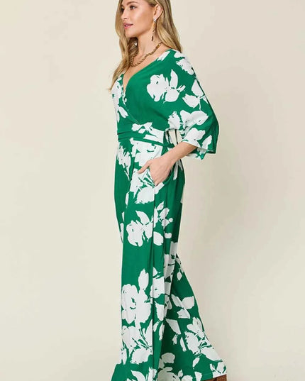Double Take Full Size Printed Tie Back Wide Leg Jumpsuit