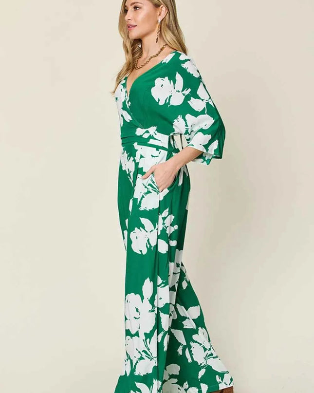 Double Take Full Size Printed Tie Back Wide Leg Jumpsuit