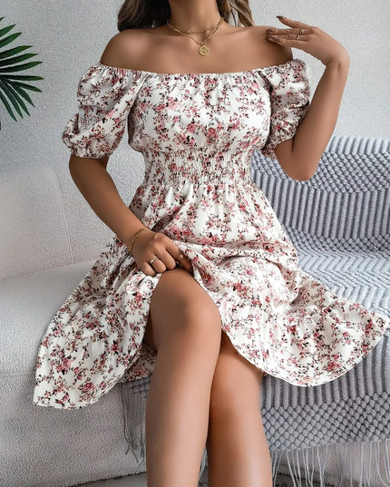 Ruffled Hem Floral Puff Sleeve Dress Cream