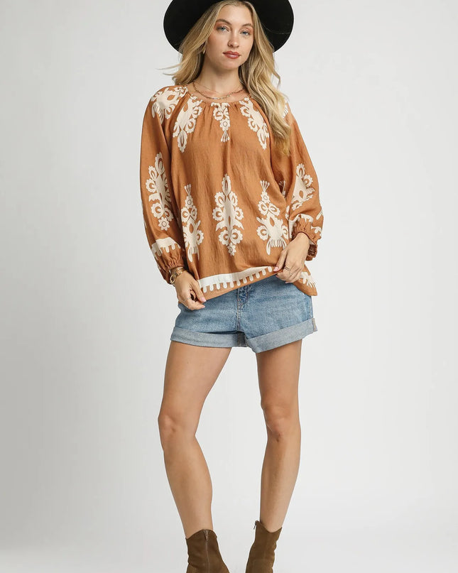 Umgee Full Size Two Tone Border Print Top with Balloon Sleeves Plus Size