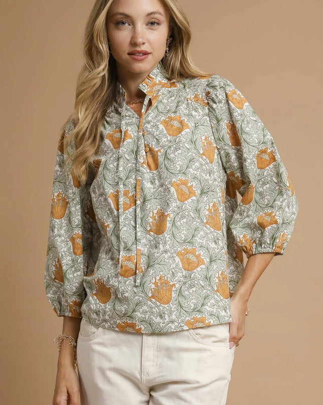Umgee Floral Print Tie Neck 3/4 Sleeve Blouse