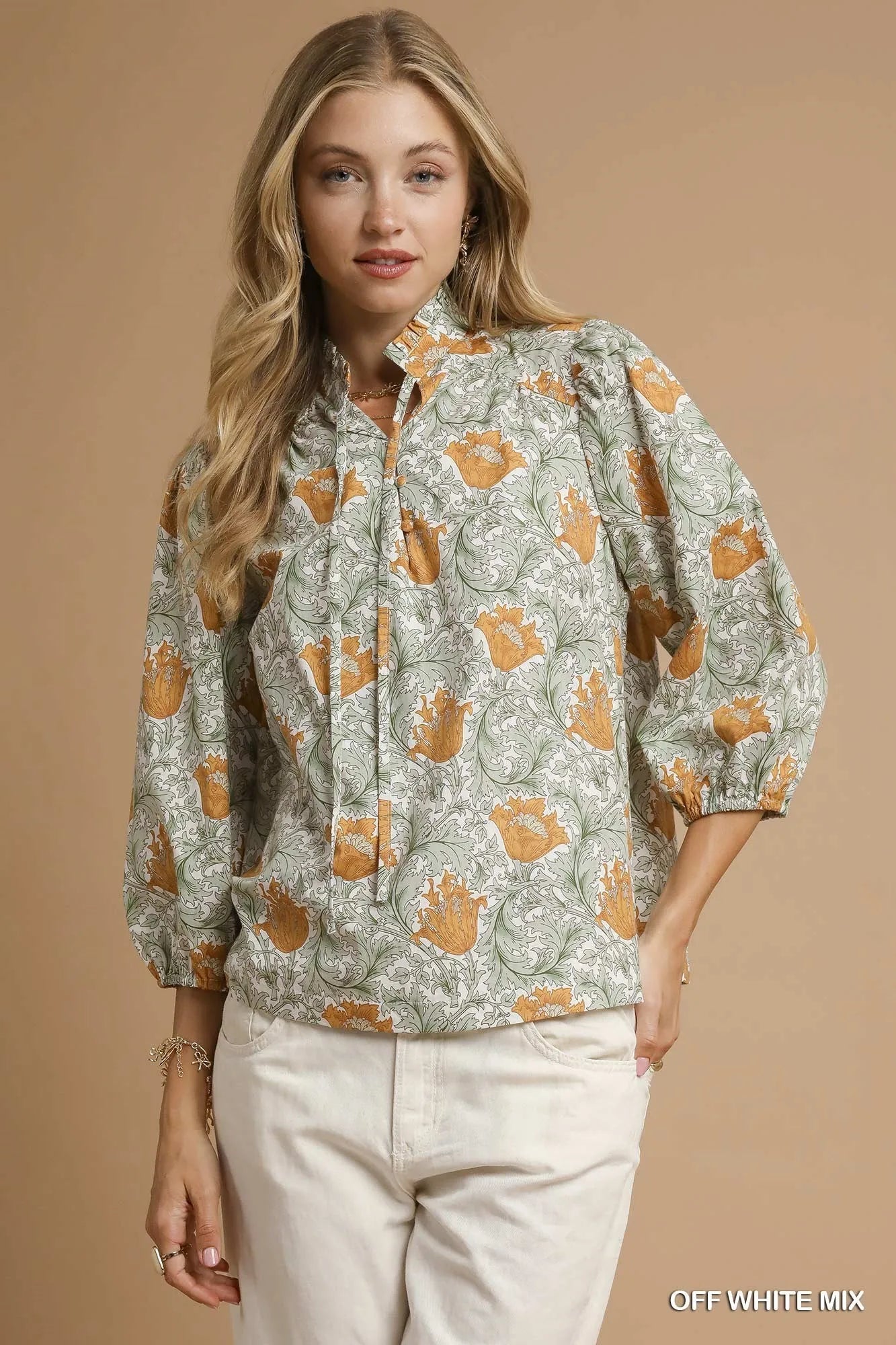 Umgee Floral Print Tie Neck 3/4 Sleeve Blouse