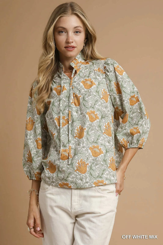 Umgee Floral Print Tie Neck 3/4 Sleeve Blouse