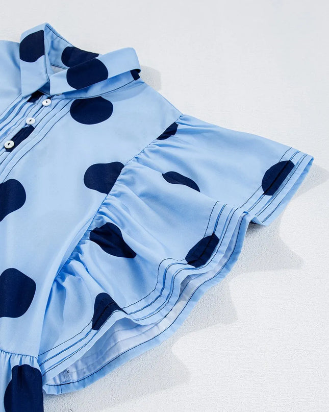 Polka Dot Print Ruffled Short Sleeve Buttoned Collared Blouse