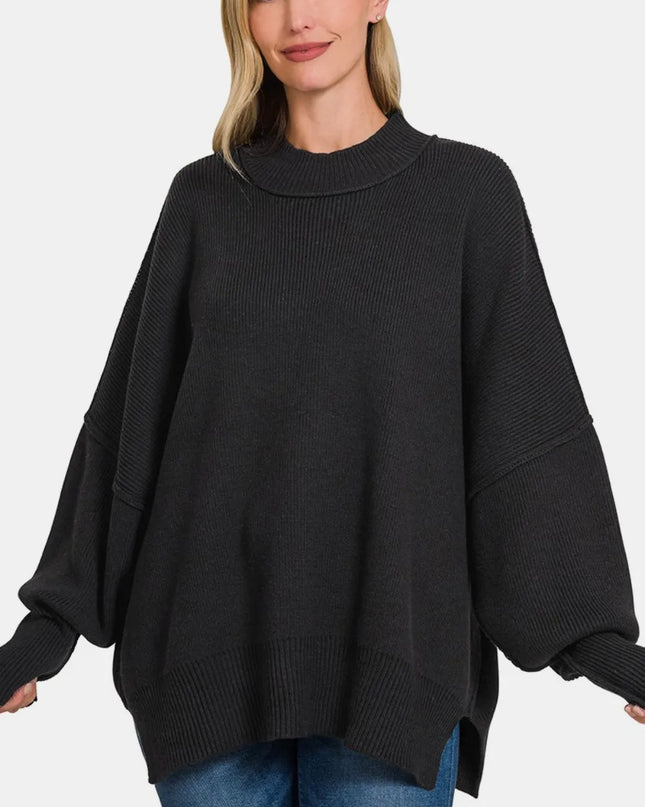 Zenana Side Slit Oversize Sweater Black
