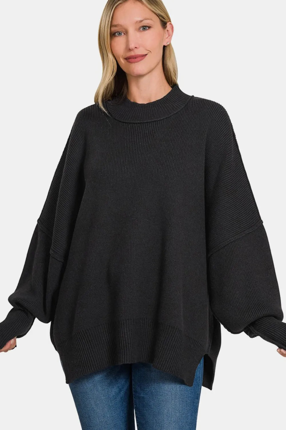 Zenana Side Slit Oversize Sweater Black