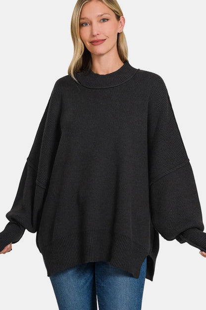 Zenana Side Slit Oversize Sweater Black