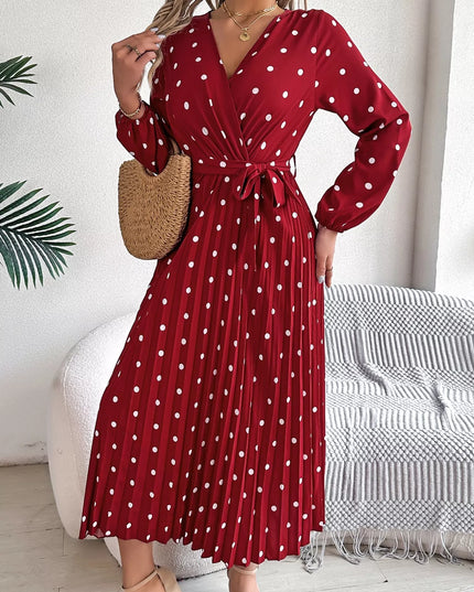 Front Tie Polka Dot Midi Pleated Dress