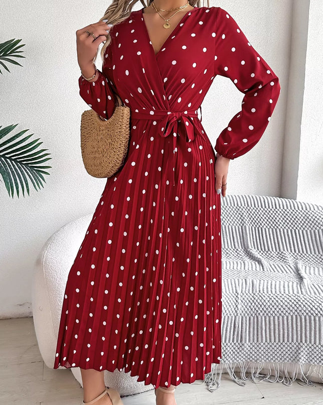 Front Tie Polka Dot Midi Pleated Dress