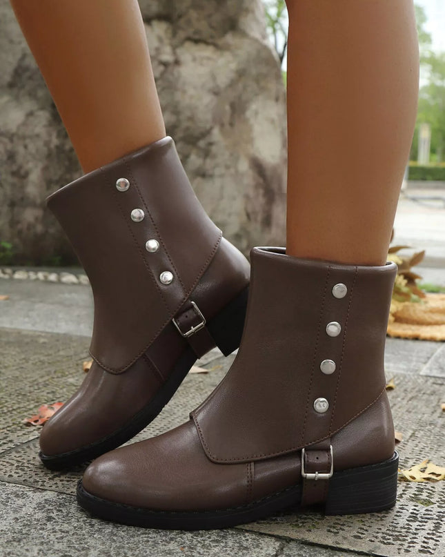 Buckle Block Heels Boots