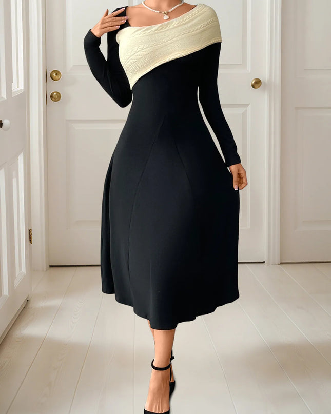 Asymmetrical Contrast Long Sleeve Dress