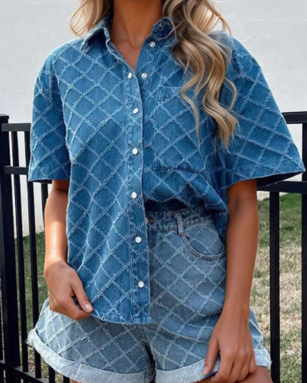 Pocketed Collared Neck Short Sleeve Denim Shirt