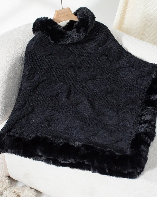 Fuzzy Hem Cable-Knit Poncho Black One Size