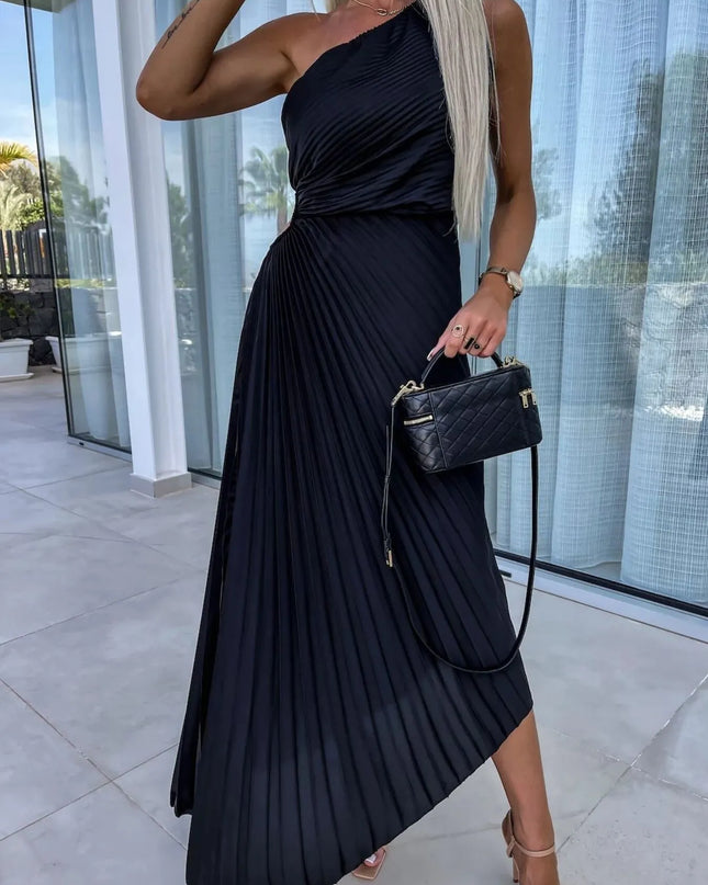 Full Size Single Shoulder Pleated Midi Dress Plus Size 