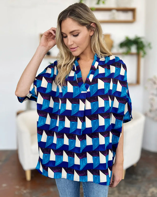 Double Take Full Size Geometric Notched Half Sleeve Blouse