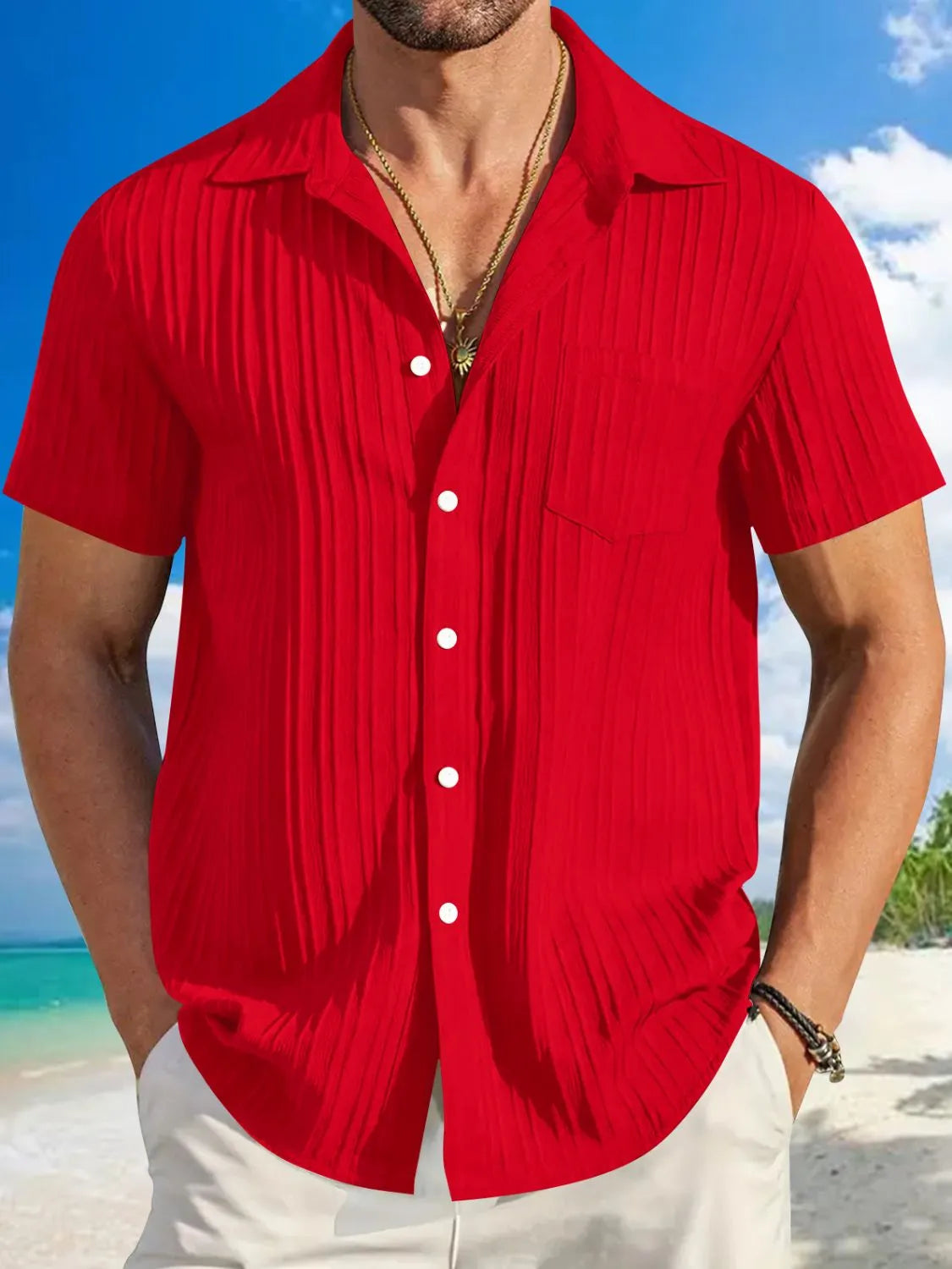 Men's Full Size Button Up Short Sleeve Shirt Plus Size Deep Red