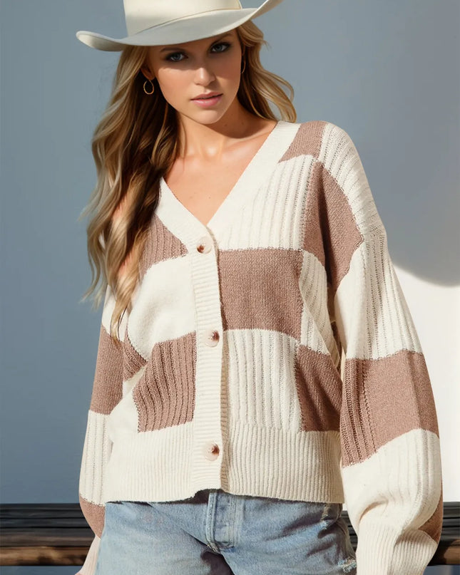 Double Take Full Size Checkered Dropped Shoulder Cardigan Mocha
