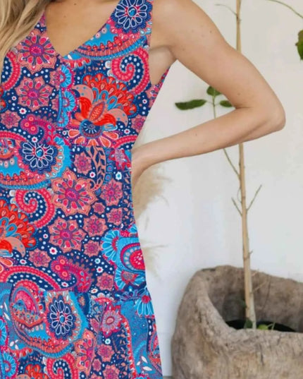 FAM-FAM Tiered Printed V-Neck Sleeveless Dress