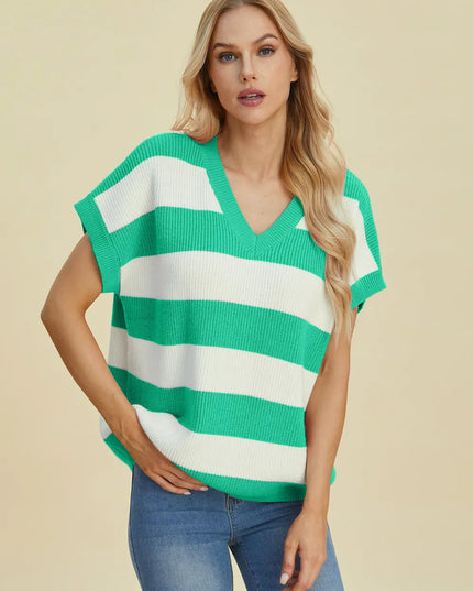 Double Take Full Size Striped V-Neck Short Sleeve Sweater Turquoise