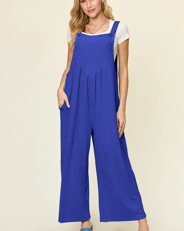 Double Take Full Size Texture Sleeveless Wide Leg Overall Royal Blue