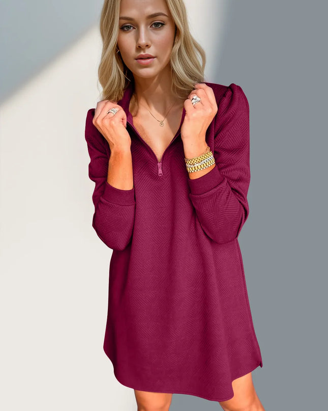Double Take Textured Quarter Zip Long Sleeve Dress