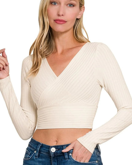 Zenana Ribbed Surplus Waist Band Long Sleeve Top SAND BEIGE