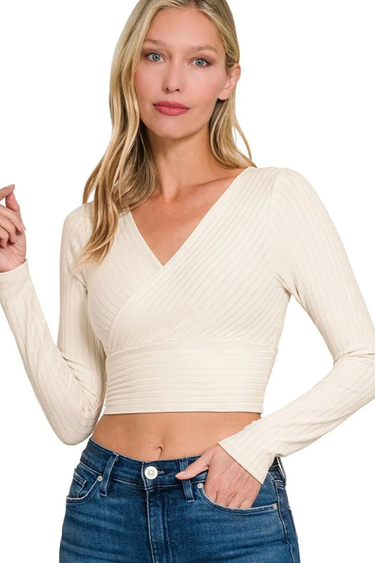 Zenana Ribbed Surplus Waist Band Long Sleeve Top SAND BEIGE