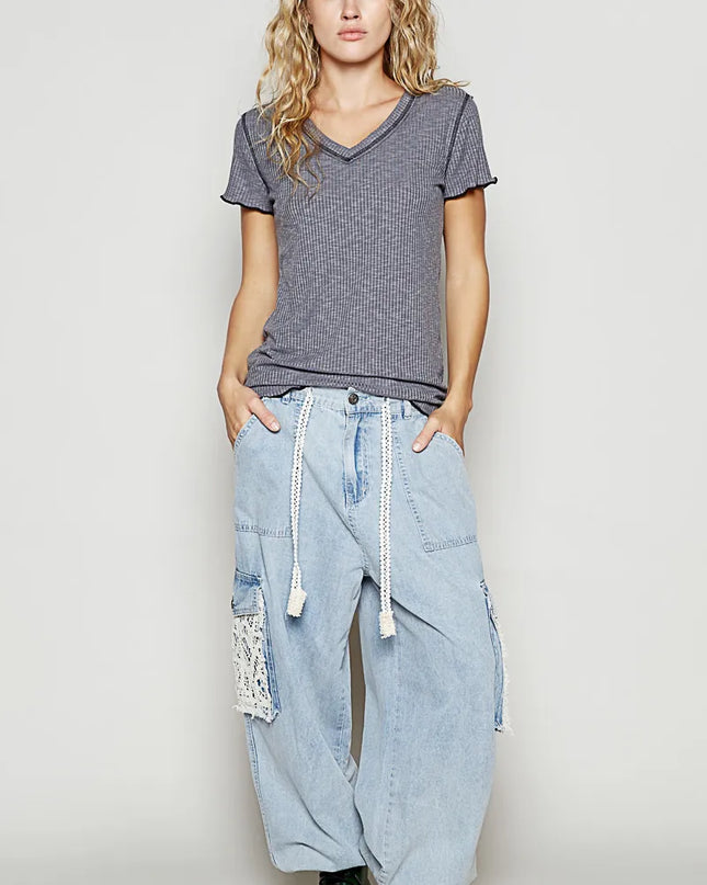 POL V-Neck Short Sleeve Ribbed T-Shirt with Contrast Overlock Stitching