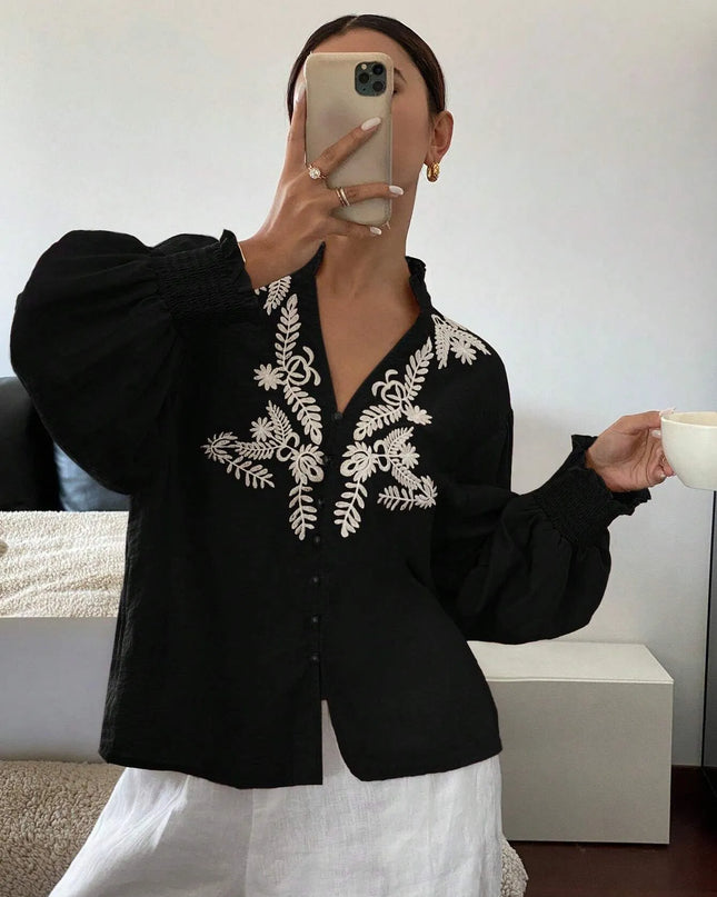 Embroidered Lantern Sleeve Blouse