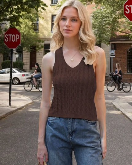 Cable-Knit V-Neck Knit Tank Dark Brown