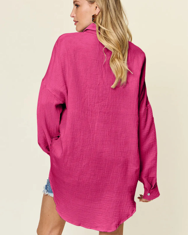 Double Take Full Size Pocketed Texture Button Up Shirt