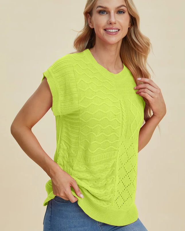 Double Take Full Size Cable-Knit Round Neck Cap Sleeve Sweater Lime