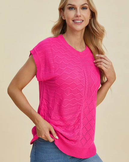 Double Take Full Size Cable-Knit Round Neck Cap Sleeve Sweater