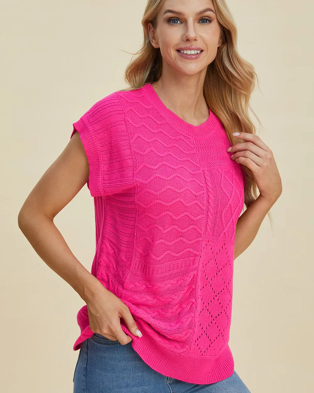 Double Take Full Size Cable-Knit Round Neck Cap Sleeve Sweater