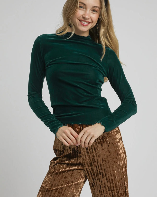 Umgee Velvet Long Sleeve Fitted Top HUNTER GREEN