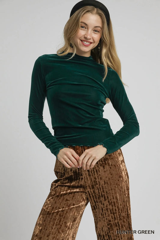 Umgee Velvet Long Sleeve Fitted Top HUNTER GREEN