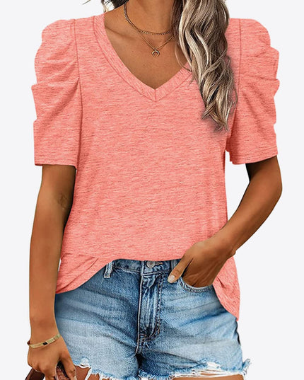 V-Neck Puff Sleeve Tee Coral