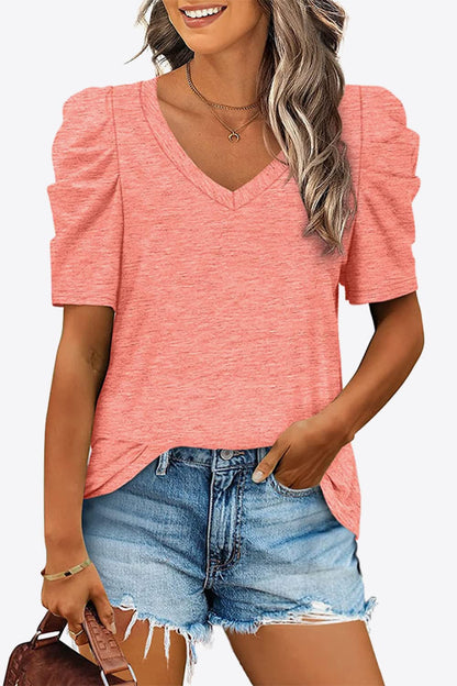 V-Neck Puff Sleeve Tee Coral