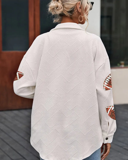 Sequin Football Patch Collared Neck Snap Button Jacket