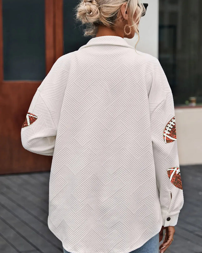 Sequin Football Patch Collared Neck Snap Button Jacket
