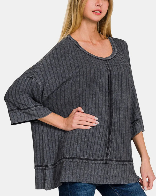 Zenana Washed Ribbed Drop Shoulder Half Sleeve Top ASHBLACK