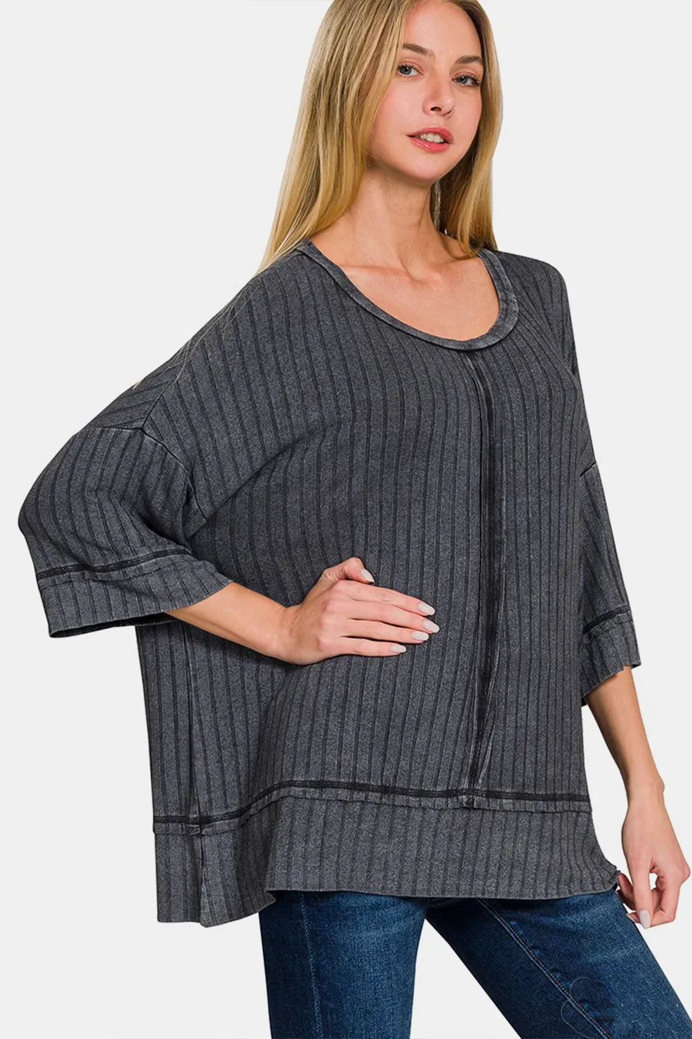 Zenana Washed Ribbed Drop Shoulder Half Sleeve Top ASHBLACK