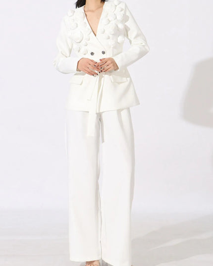 Flower Long Sleeve Blazer and Pants Set White