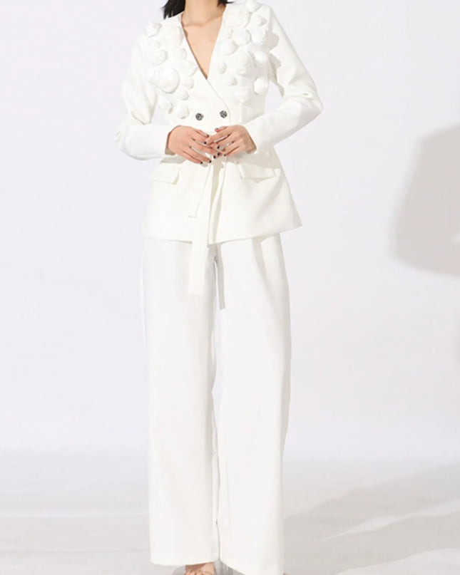 Flower Long Sleeve Blazer and Pants Set White
