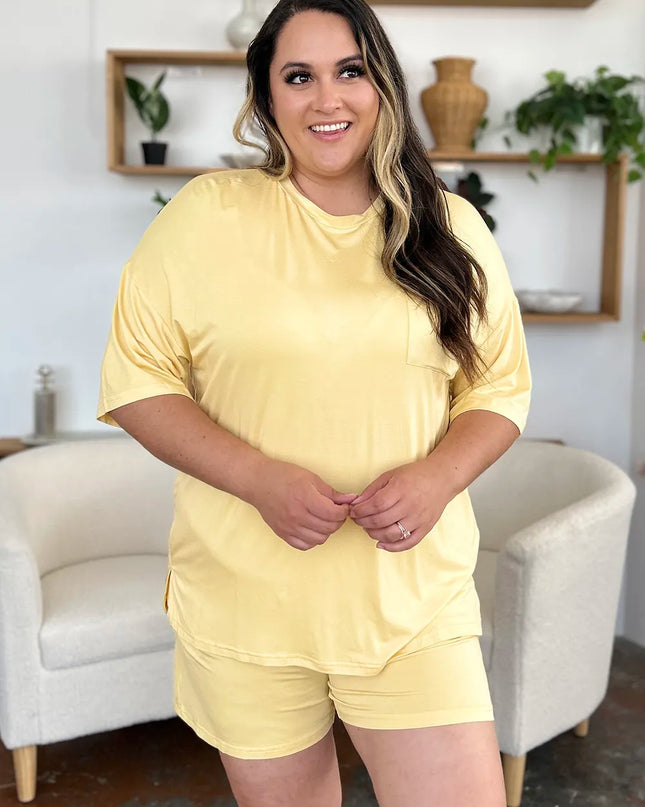 Basic Bae Bamboo Full Size Round Neck Drop Shoulder T-Shirt and Shorts Set